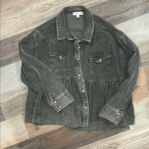 She + Sky Olive Corduroy Jean Jacket - Picture 1 of 6